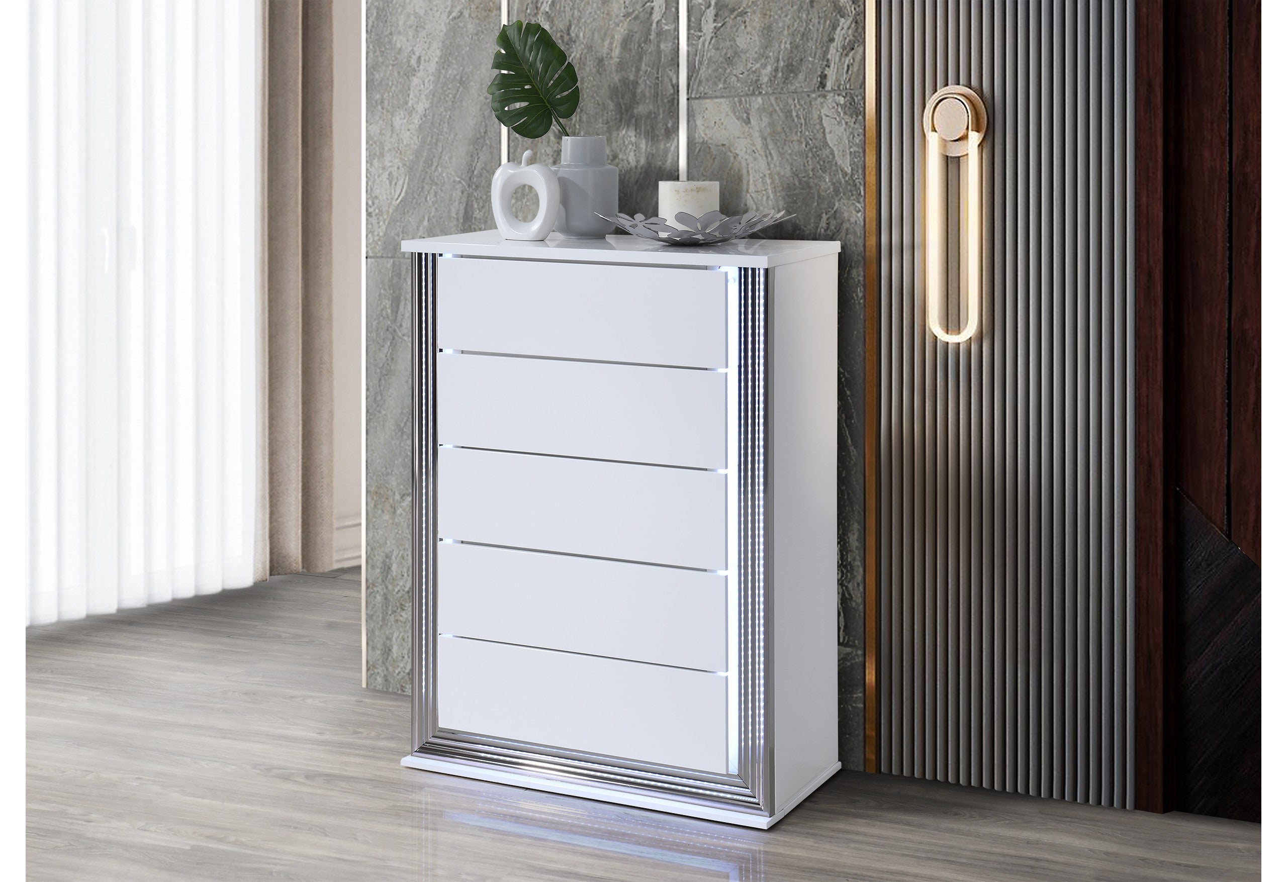 49" White Wood Lighted Five Drawer Dresser