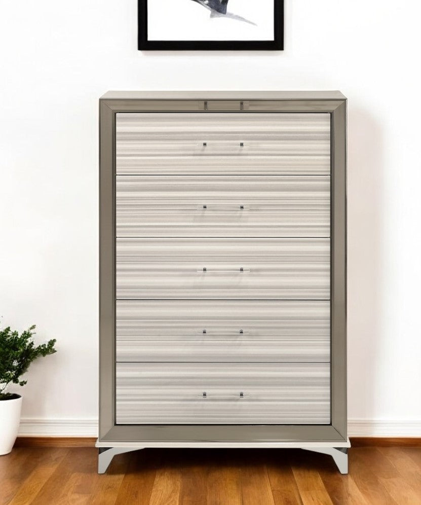 53" Beige And White Wood Lighted Five Drawer Dresser