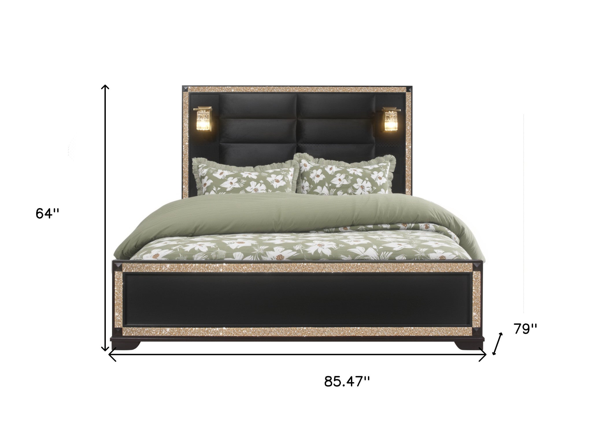 Black Faux Crystal Bling Wood And Upholstery Lighted King Bed Frame