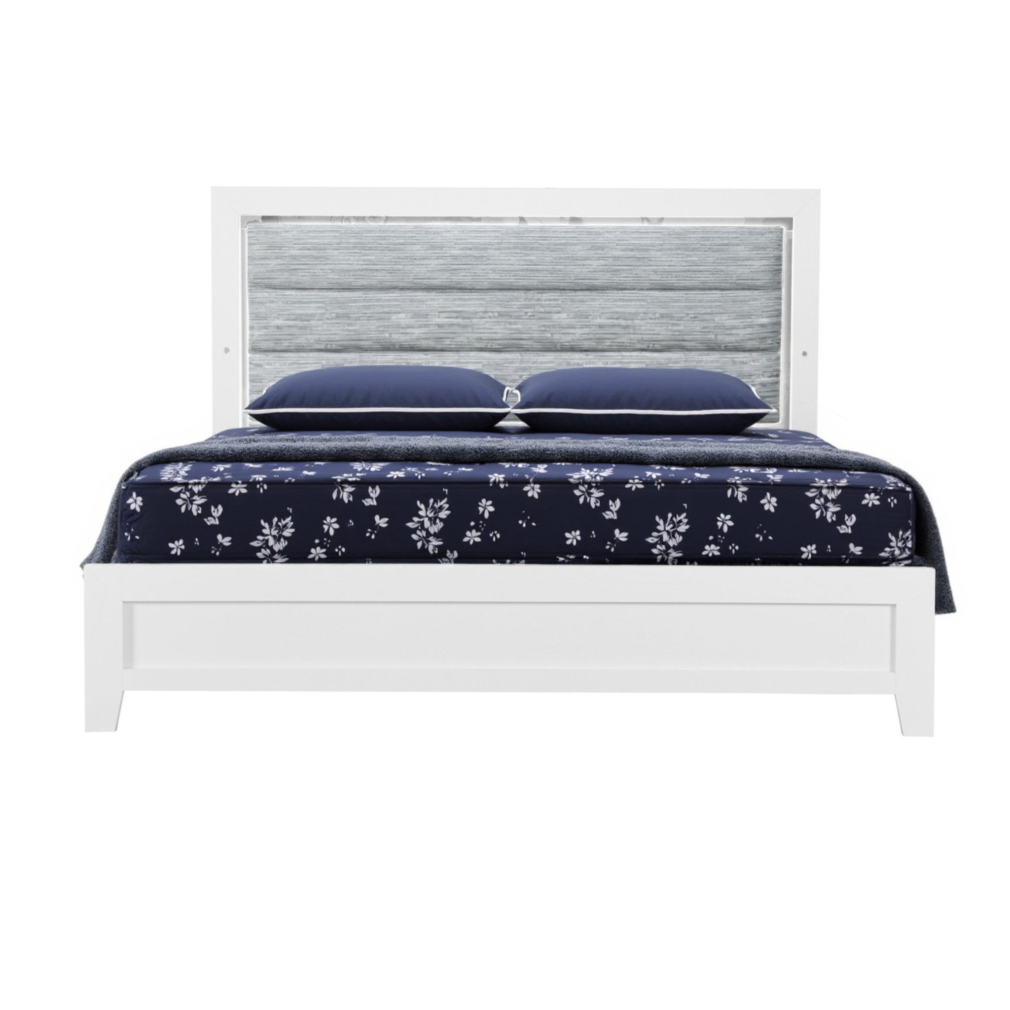 White and Light Gray Ribbed Texture Wood And Upholstery Lighted Queen Bed Frame