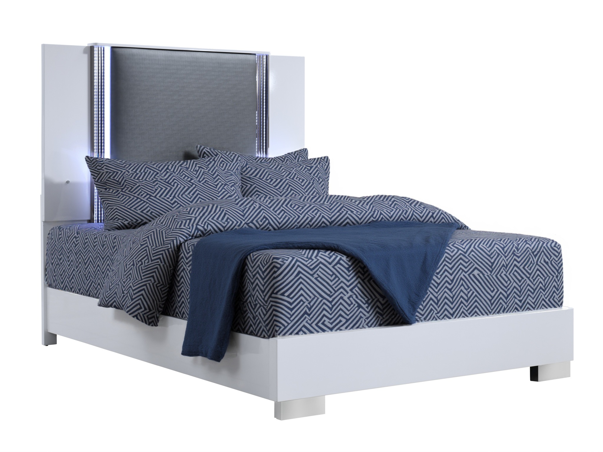 White and Gray Wood And Faux Leather Lighted King Bed Frame