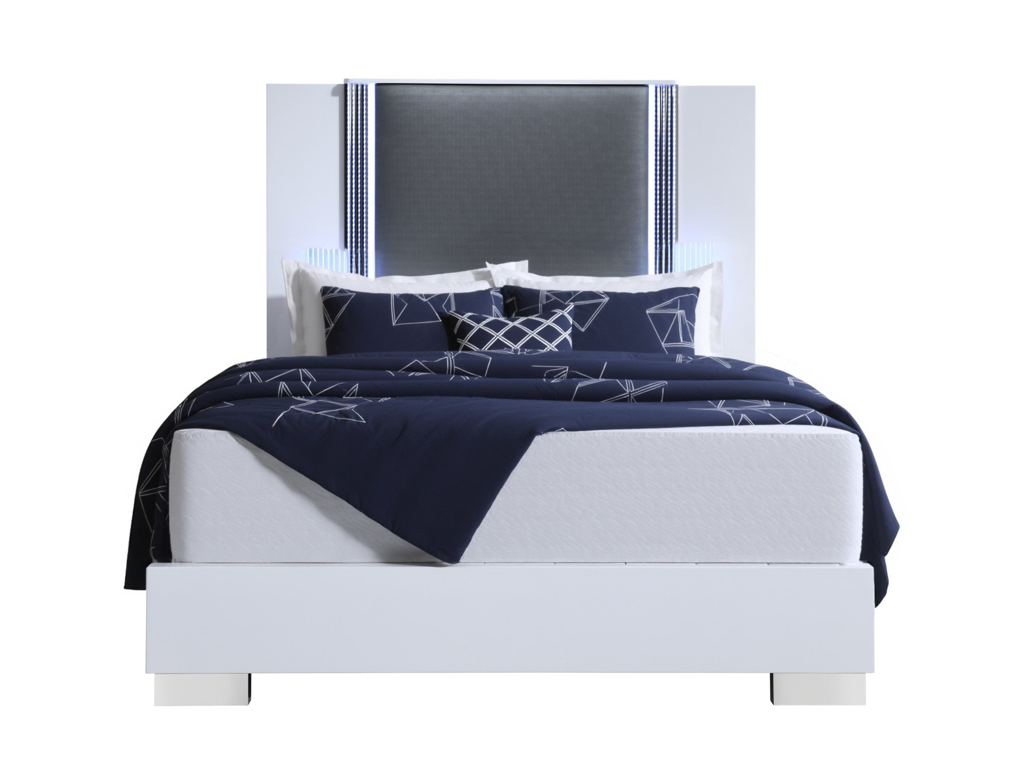 White and Gray Wood And Faux Leather Lighted King Bed Frame