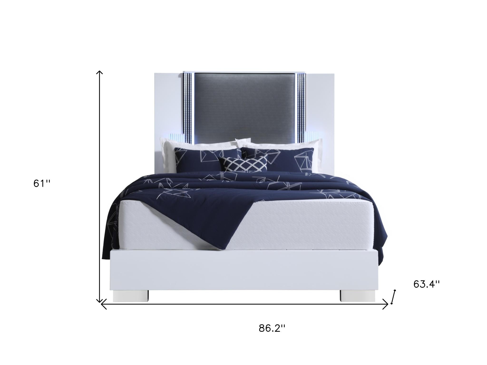 White and Gray Wood And Faux Leather Lighted Queen Bed Frame