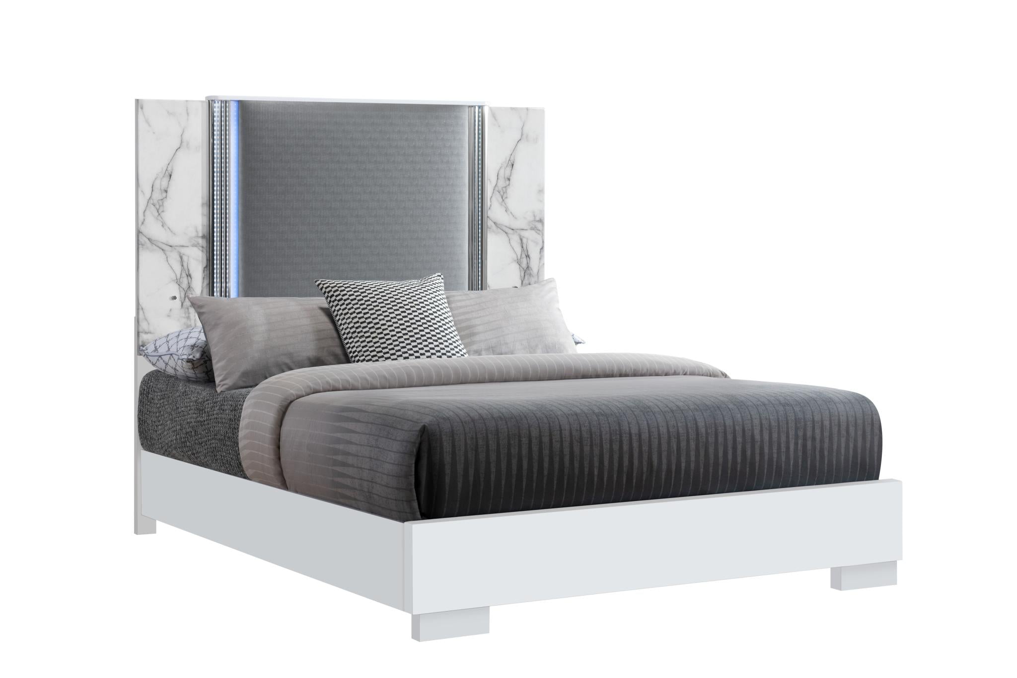 White and Gray Faux Marble And Upholstery Lighted Queen Bed Frame