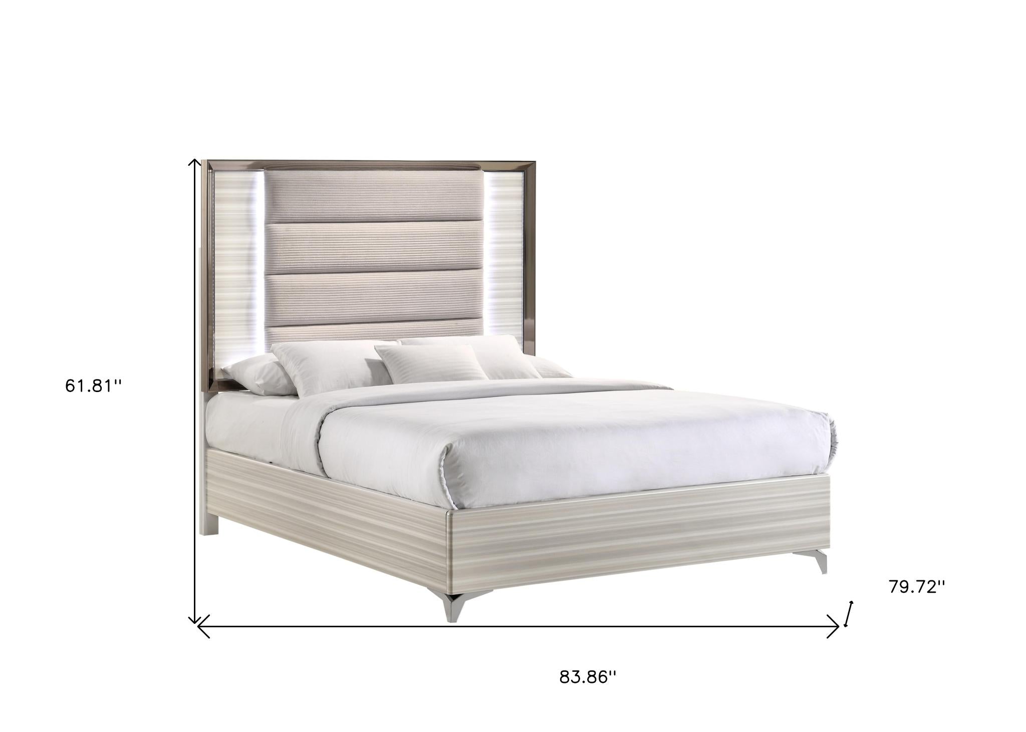 Beige White And Chrome Wood Upholstered Lighted King Bed Frame