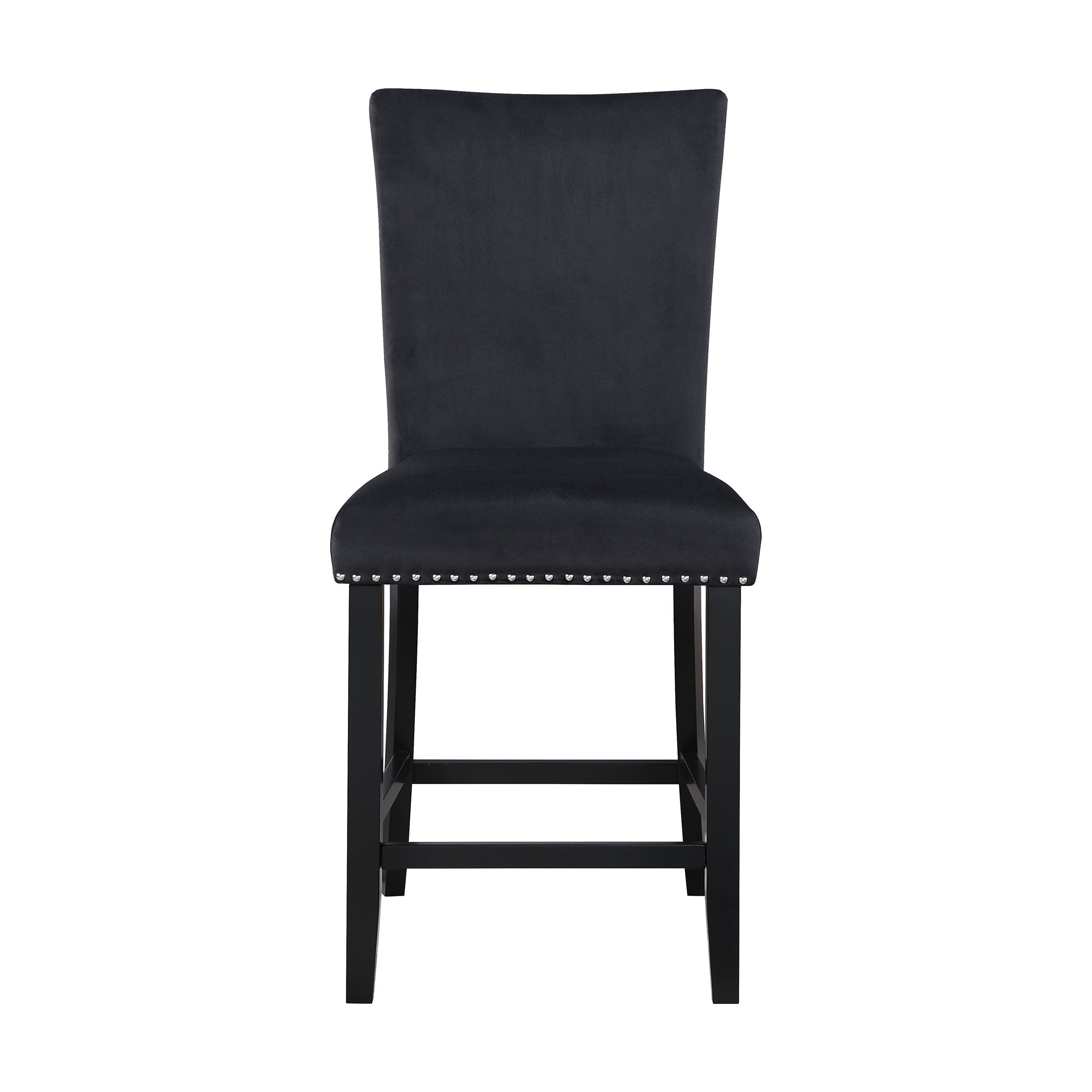 Set of Two 25" Black Wood and Velvet Counter Height Bar Chairs