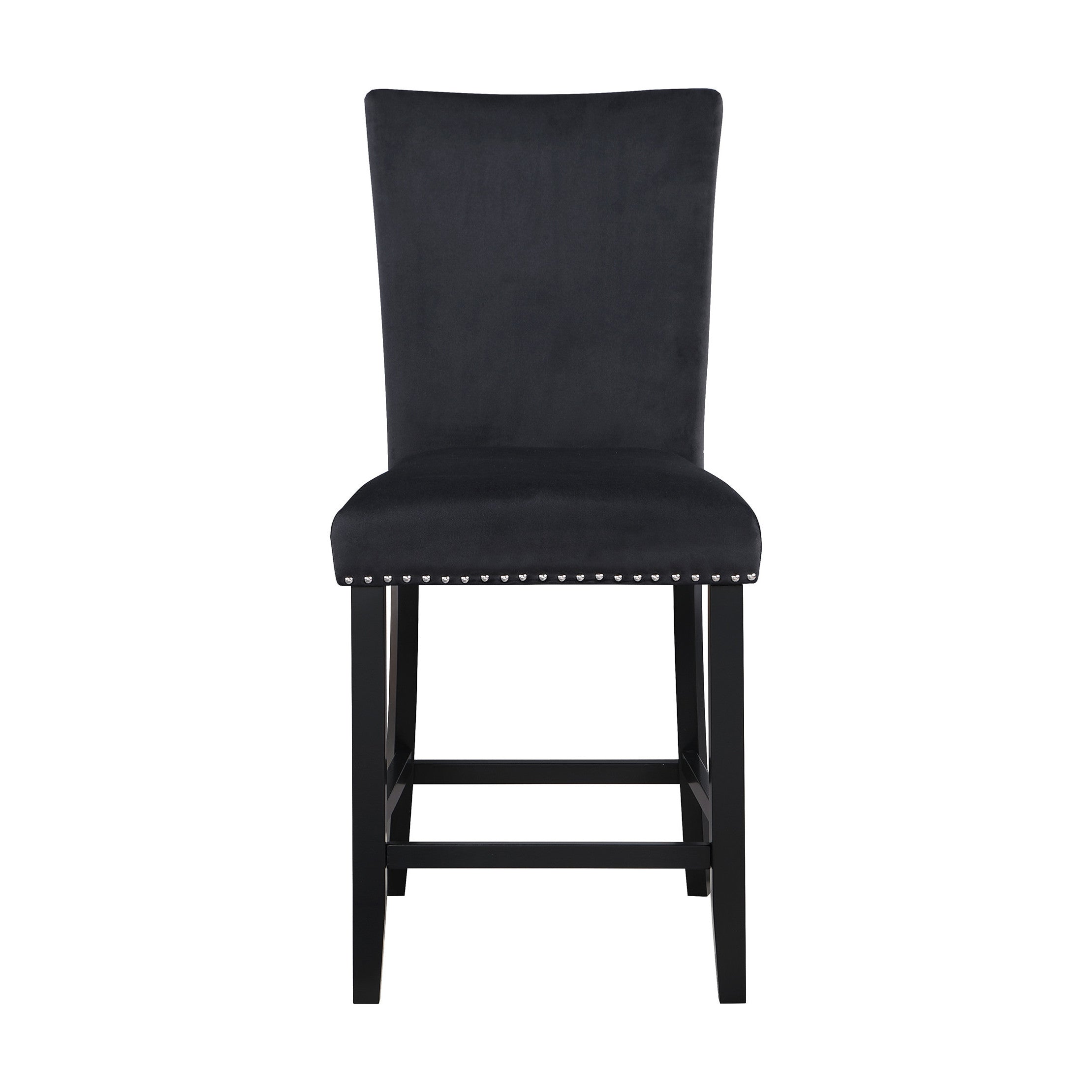 Set of Two 25" Black Wood and Velvet Counter Height Bar Chairs