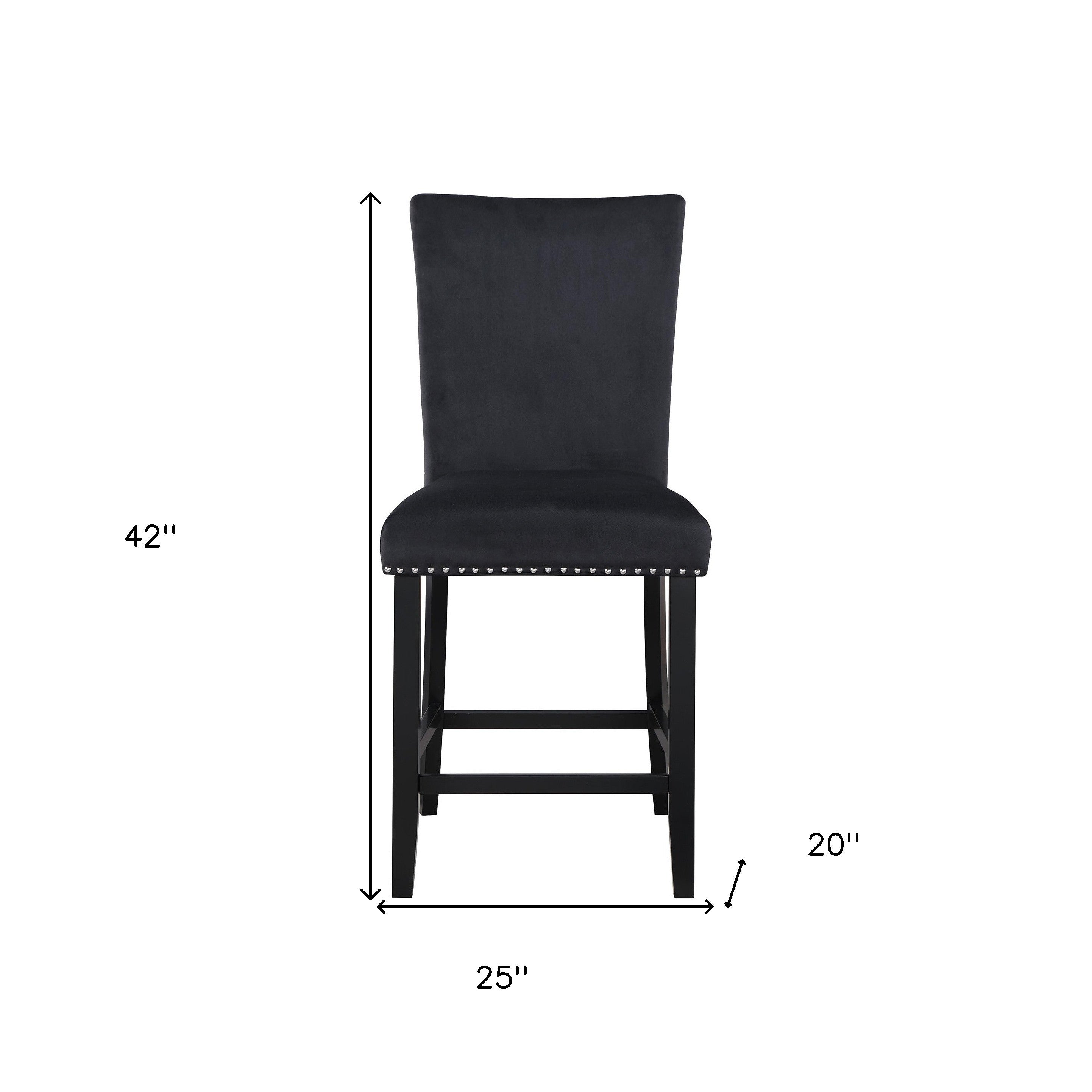 Set of Two 25" Black Wood and Velvet Counter Height Bar Chairs