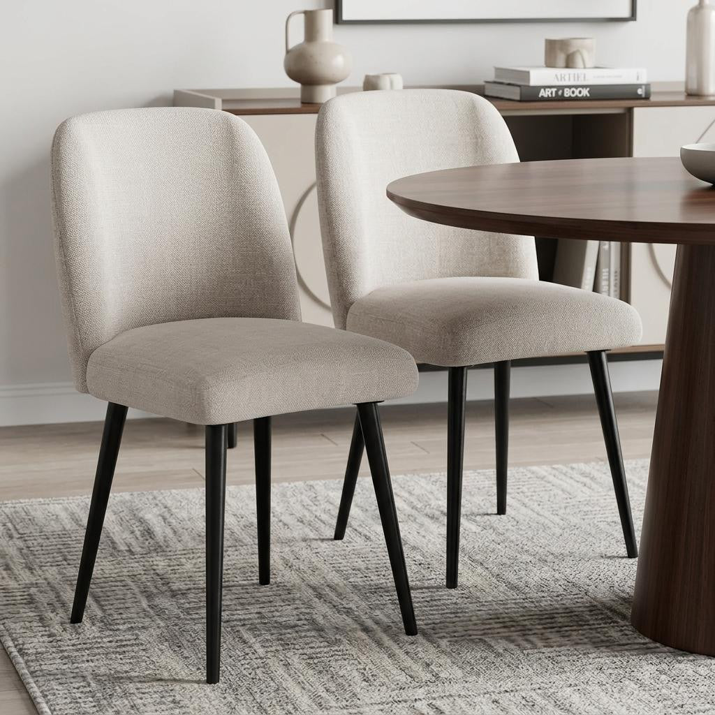 Set of Two Beige And Black Upholstered Fabric Dining Side Chairs