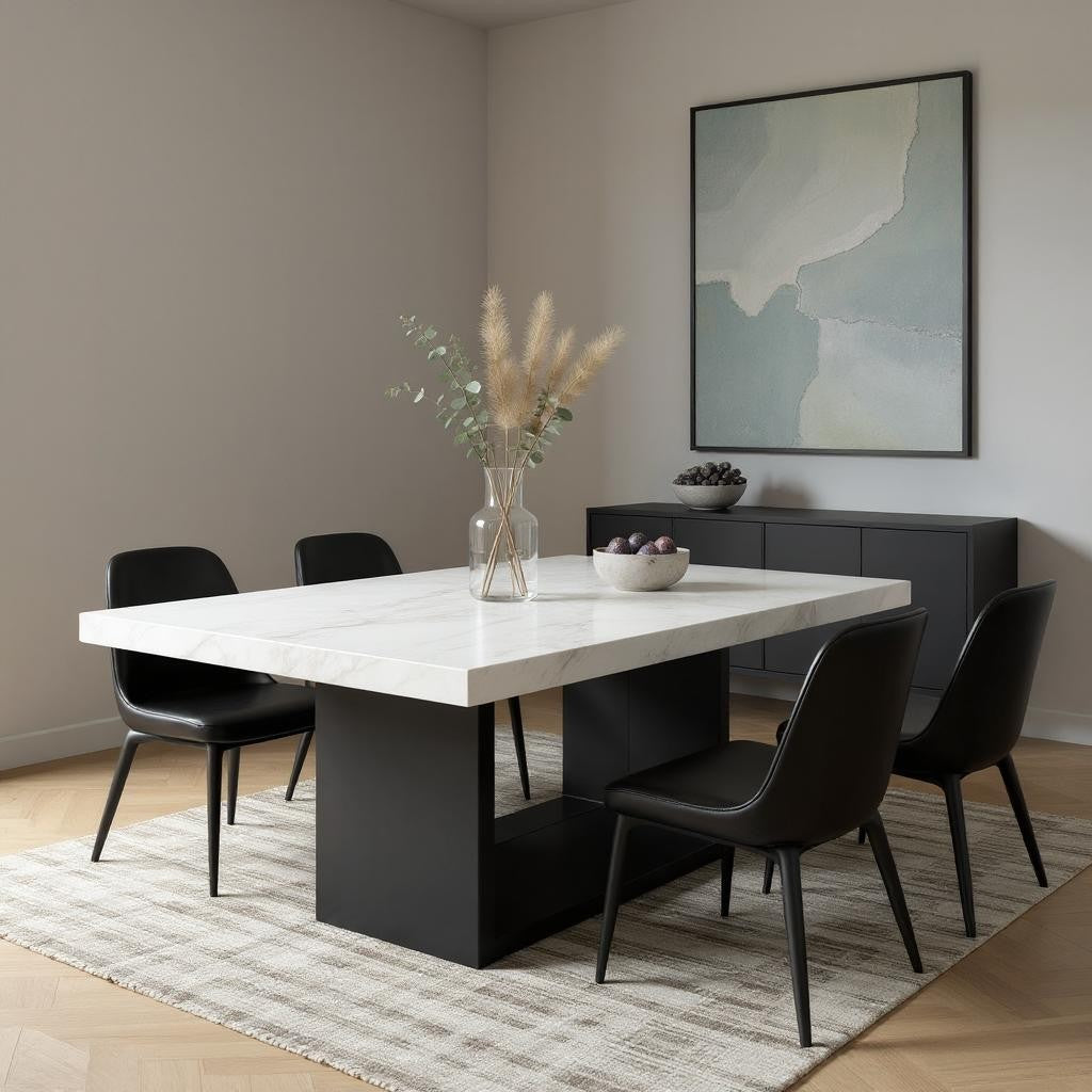 70" White and Black Faux Marble and Wood Pedestal Base Dining Table