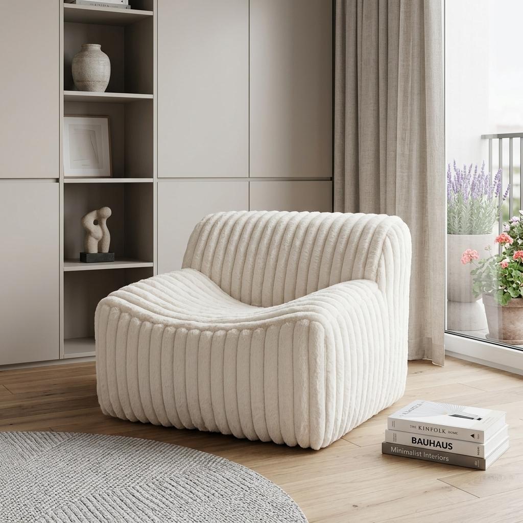 39" Cream Faux Fur And Upholstered Tufted Lounge Chair