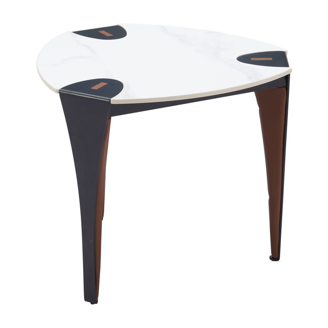 20" White Black and Brown Faux Marble and Steel Triangular End Table