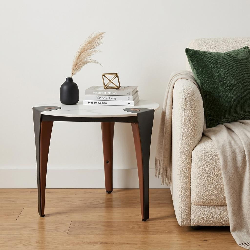 20" White Black and Brown Faux Marble and Steel Triangular End Table