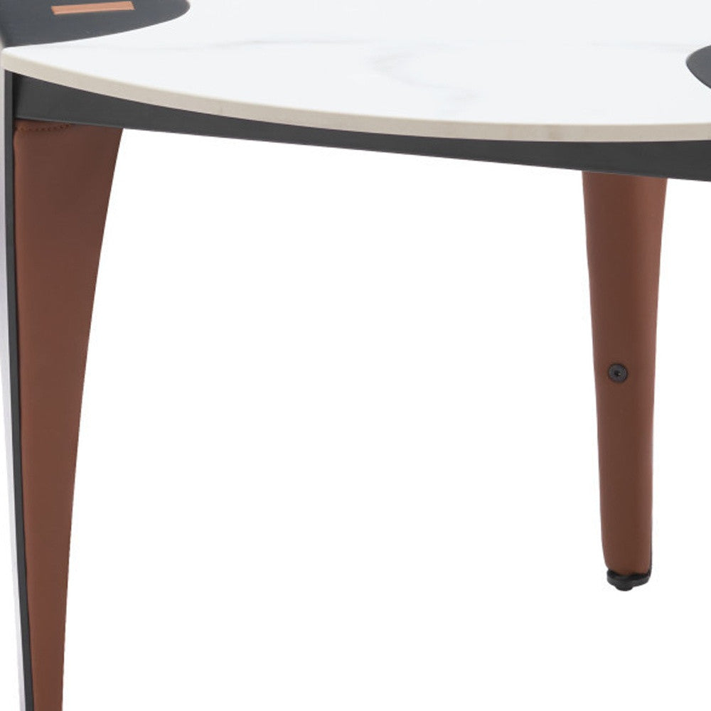 20" White Black and Brown Faux Marble and Steel Triangular End Table