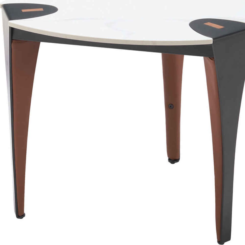 20" White Black and Brown Faux Marble and Steel Triangular End Table