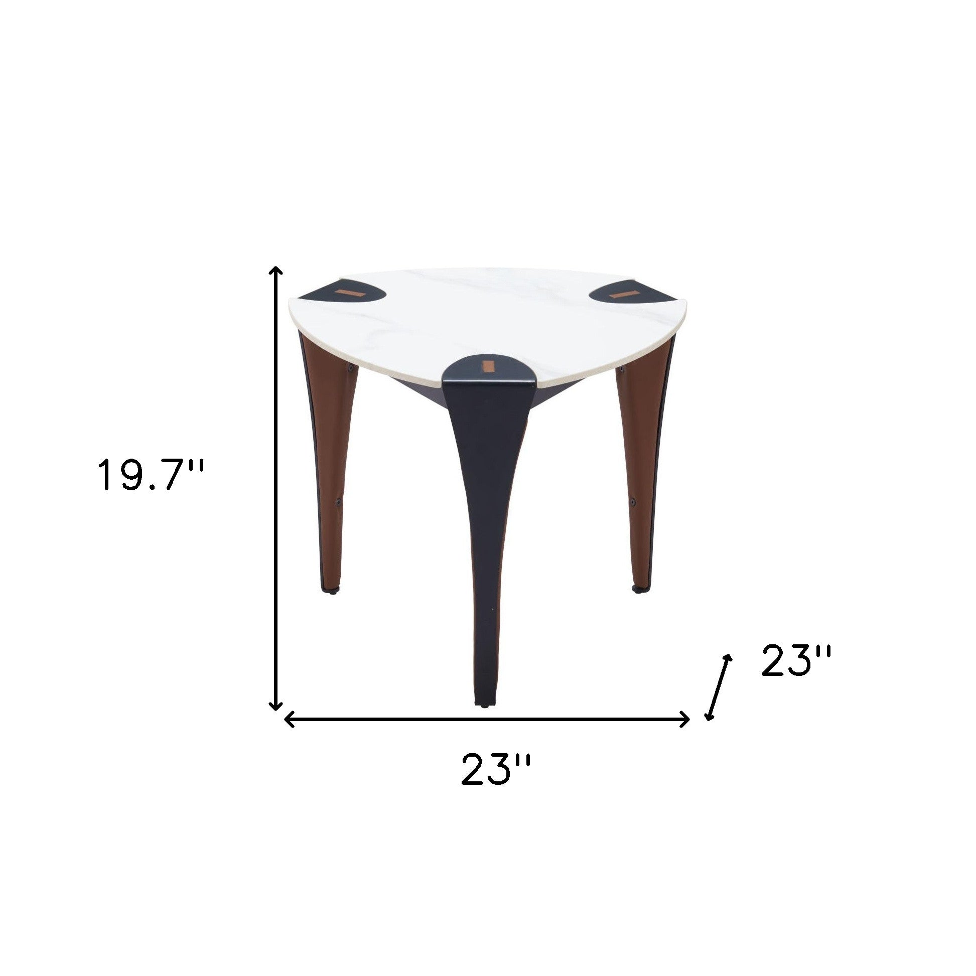 20" White Black and Brown Faux Marble and Steel Triangular End Table