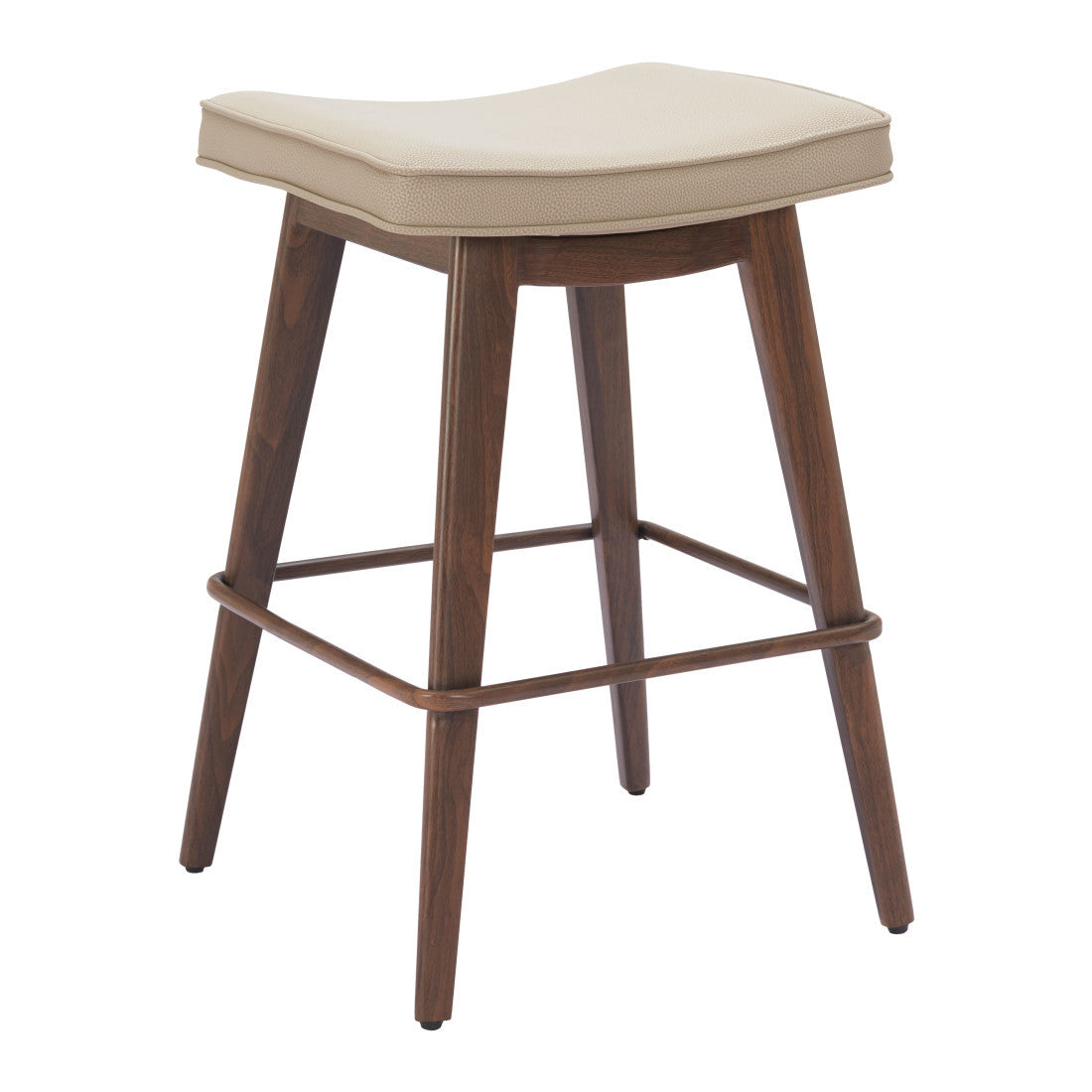 Set of Two 27" Beige and Walnut Faux Leather and Steel Backless Counter Height Bar Chairs