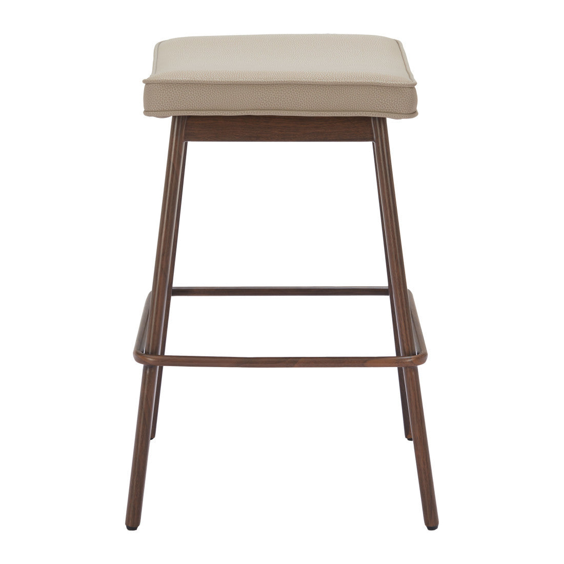 Set of Two 27" Beige and Walnut Faux Leather and Steel Backless Counter Height Bar Chairs
