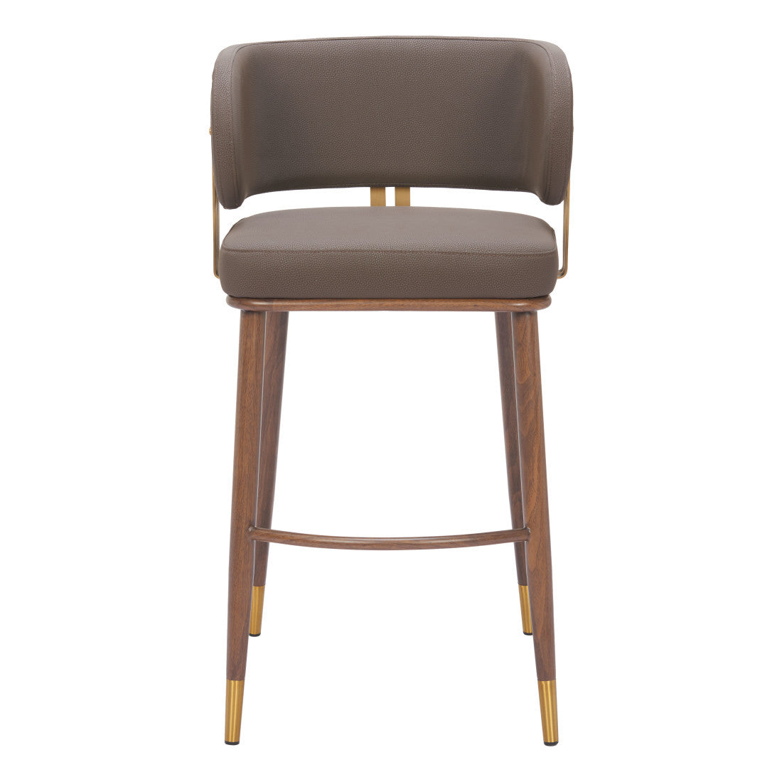 30" Brown Gold and Walnut Steel and Faux Leather Low Back Bar Height Bar Chair