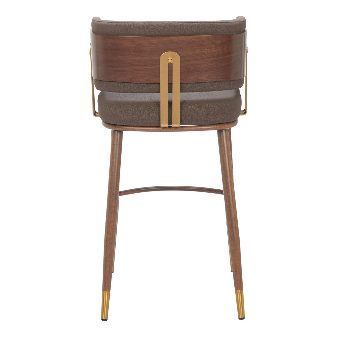 30" Brown Gold and Walnut Steel and Faux Leather Low Back Bar Height Bar Chair