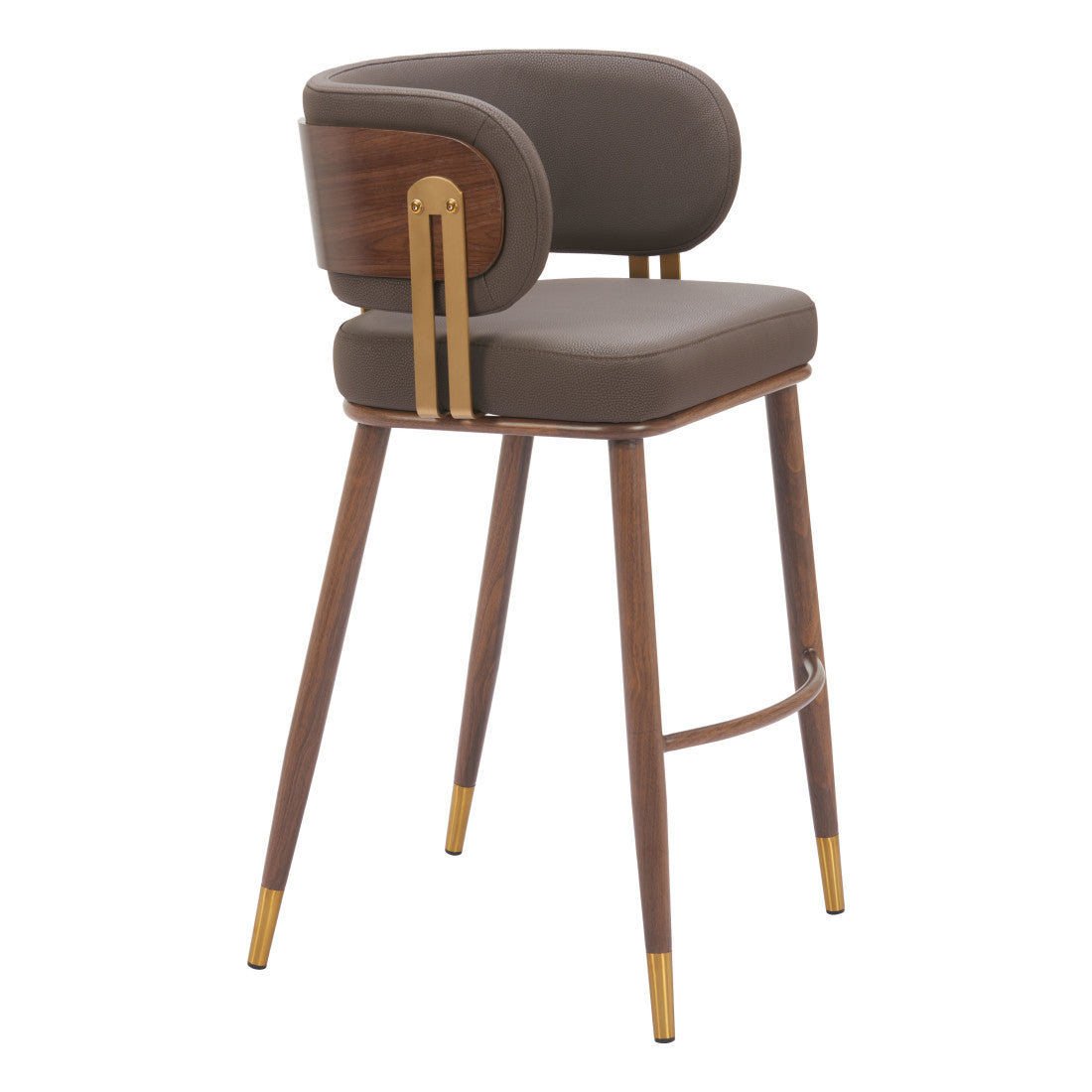 30" Brown Gold and Walnut Steel and Faux Leather Low Back Bar Height Bar Chair