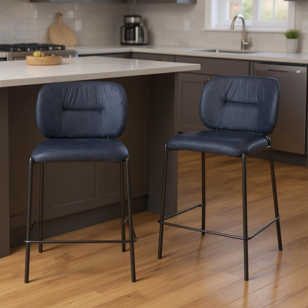 Set of Two 25" Blue and Black Velvet and Steel Counter Height Bar Chairs