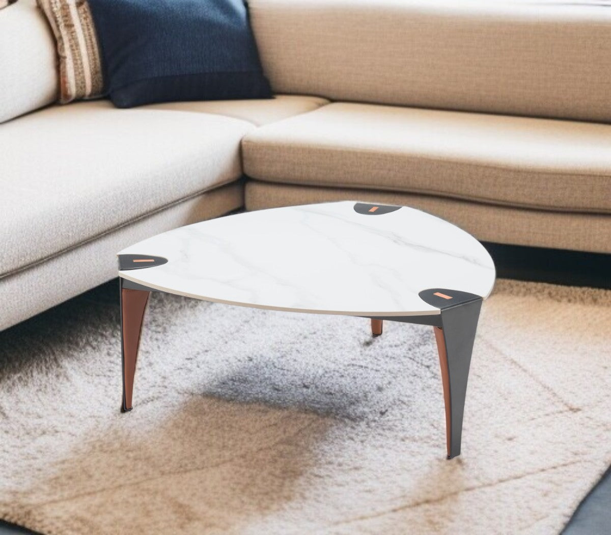 36" White and Black Sintered Stone Faux Leather And Steel Triangle Coffee Table