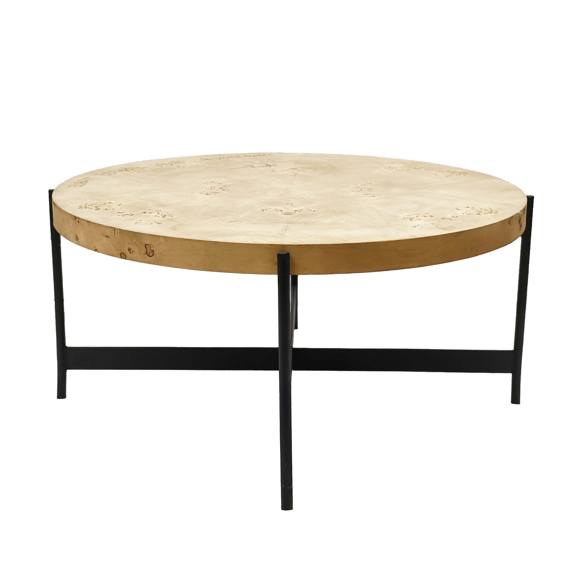 36" Natural And Black Wood and Iron Round Coffee Table