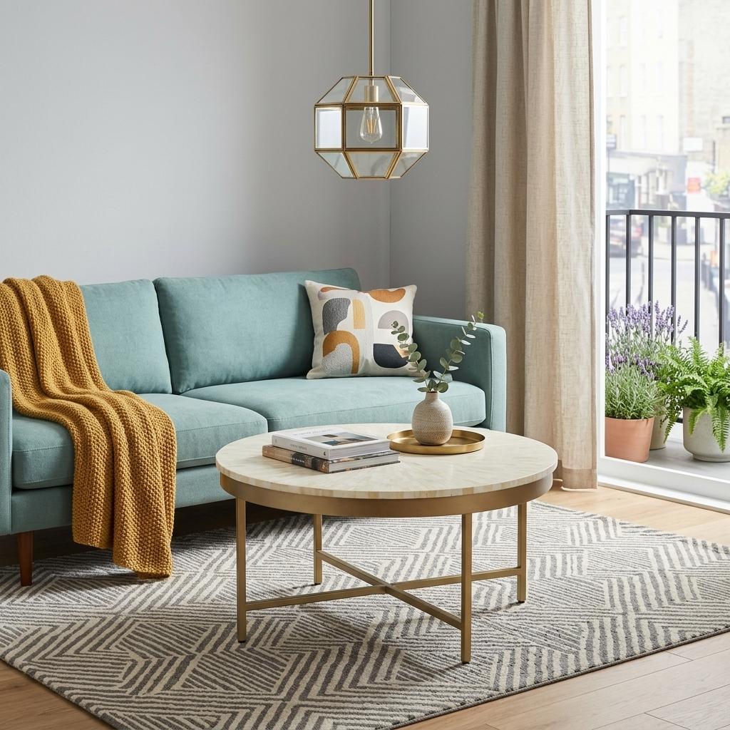 18" Ivory And Gold Wood And Steel Round Coffee Table