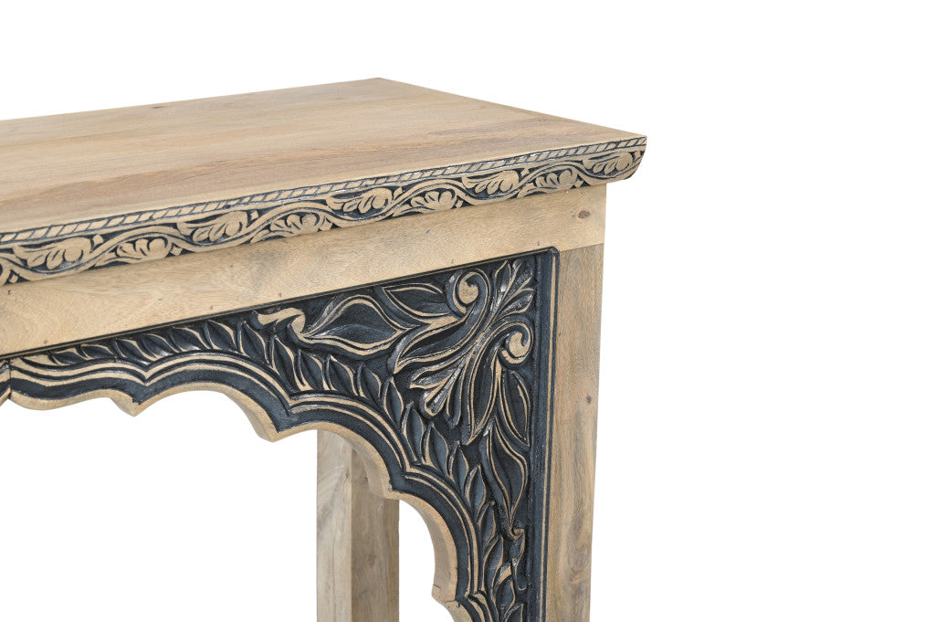 56" Natural and Black Solid Wood Distressed Console Table With Shelf