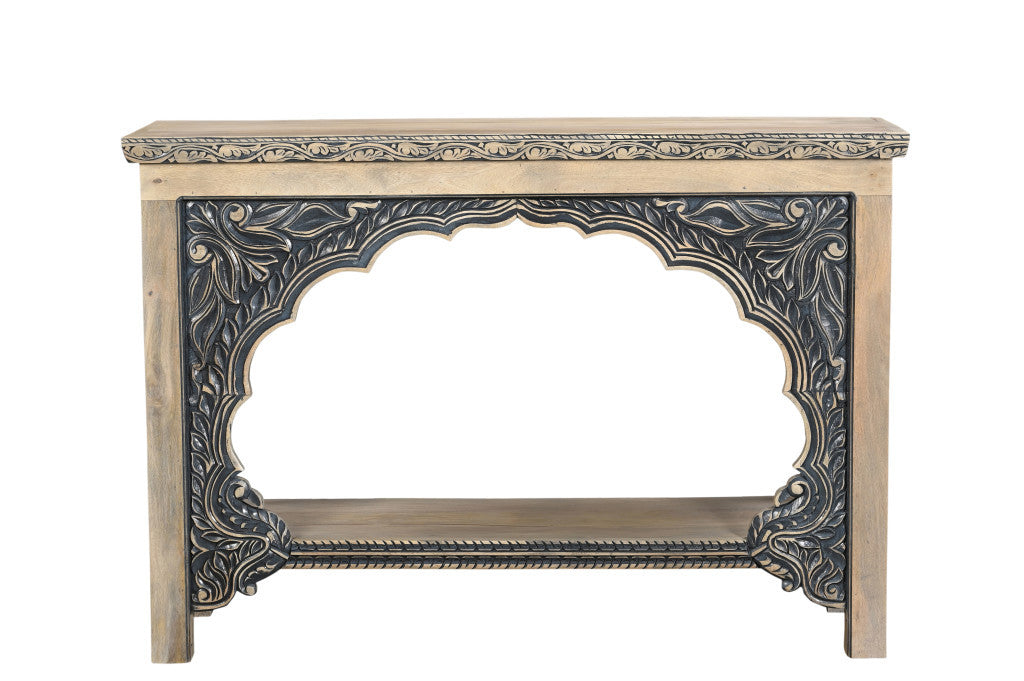 56" Natural and Black Solid Wood Distressed Console Table With Shelf