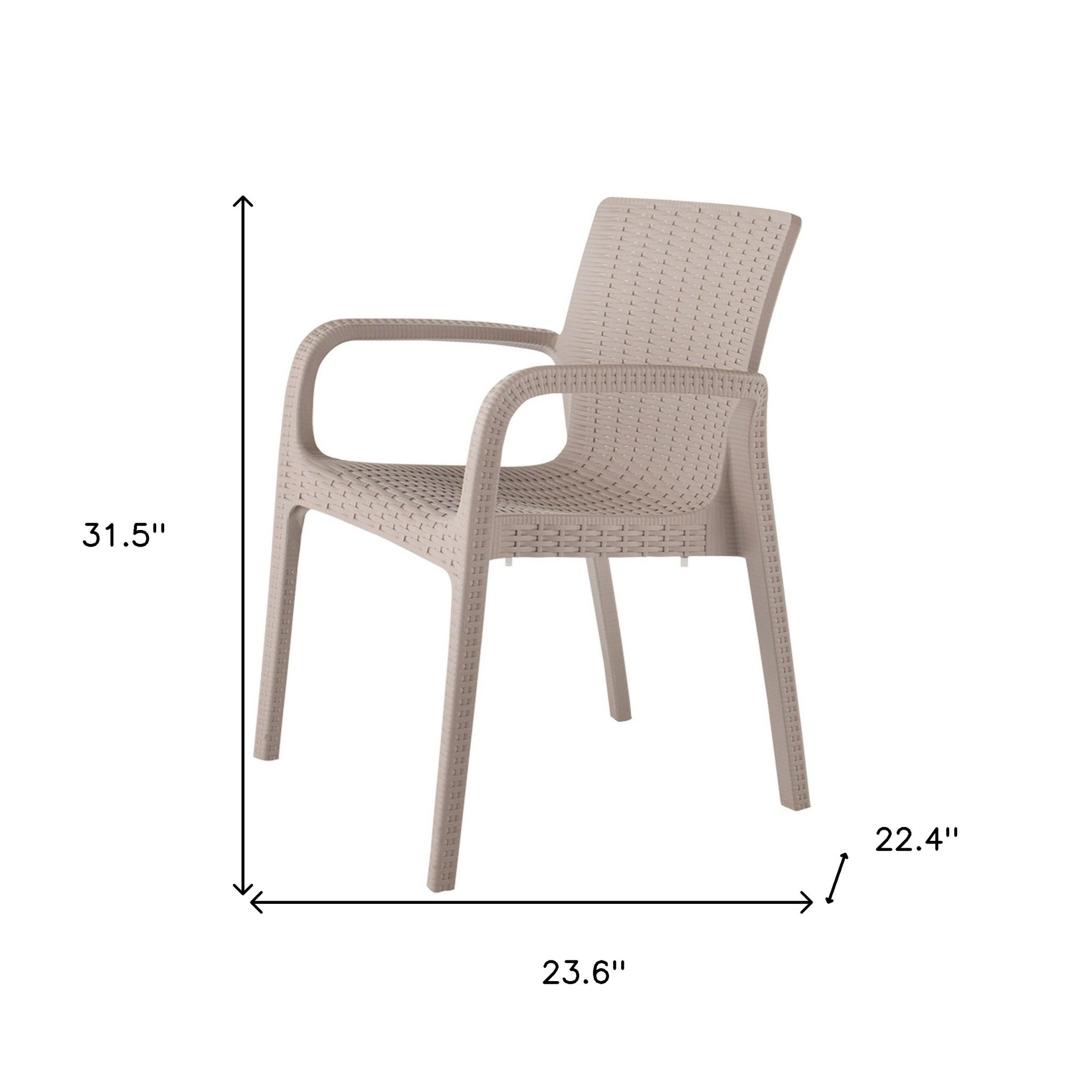 Set of Two Taupe Faux Rattan Heavy Duty Plastic Outdoor Stacking Arm Chairs