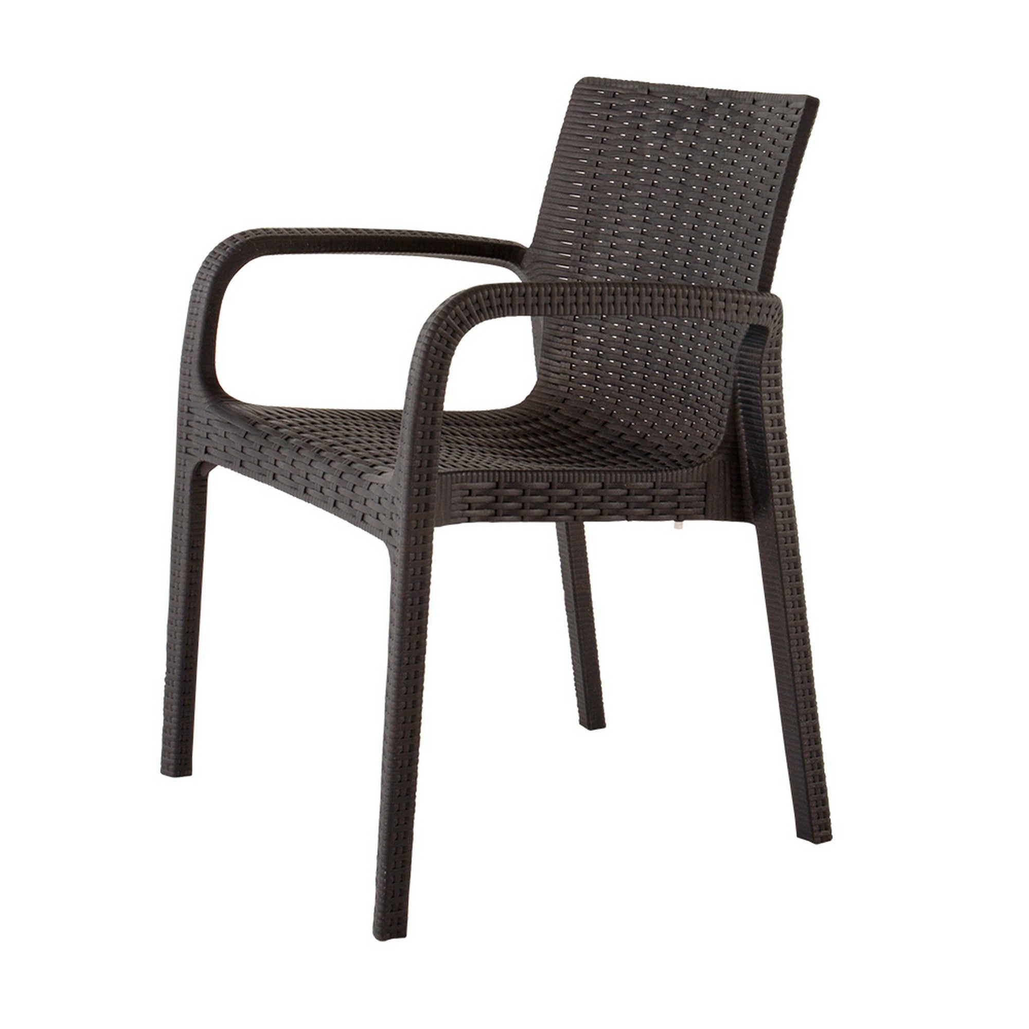 Set of Two Brown Faux Rattan Heavy Duty Plastic Outdoor Stacking Arm Chairs