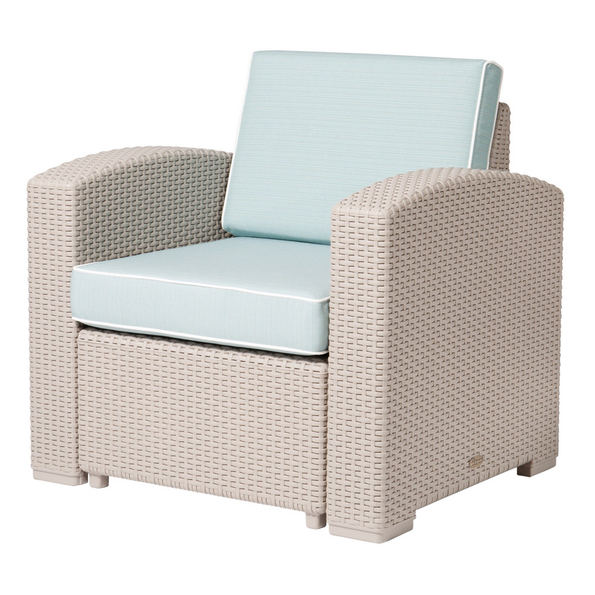 33" Gray Heavy Duty Plastic Outdoor Club Chair With Blue Cushion