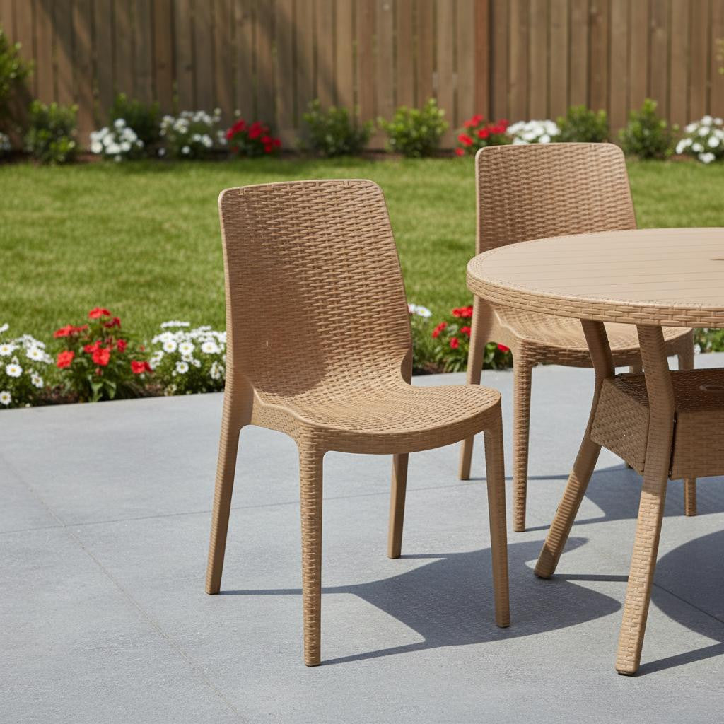 Set of Four Tan Heavy Duty Plastic Outdoor Stacking Dining Chairs