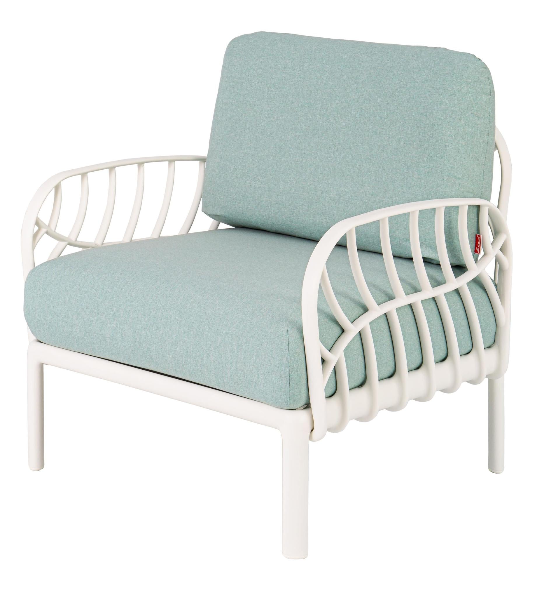 31" White Heavy Duty Plastic Outdoor Armchair With Sea Green Cushion