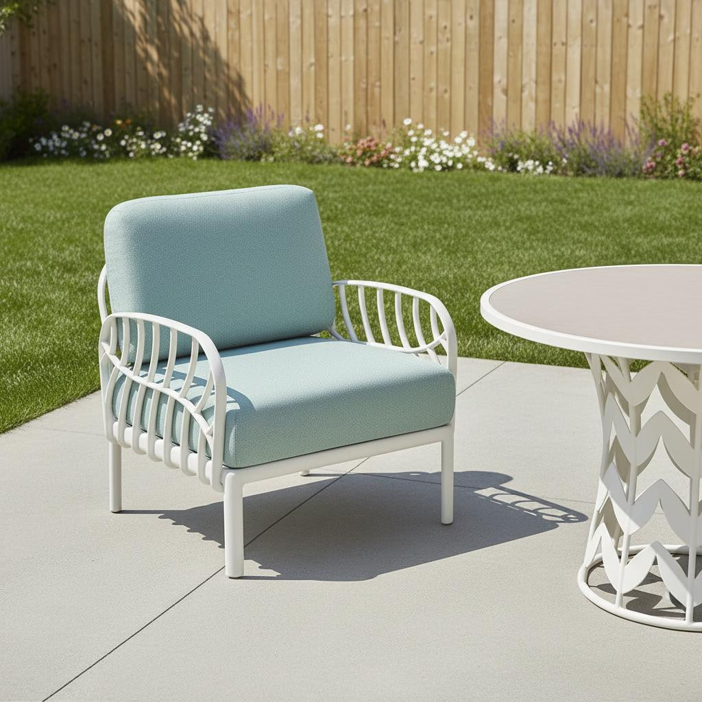 31" White Heavy Duty Plastic Outdoor Armchair With Sea Green Cushion