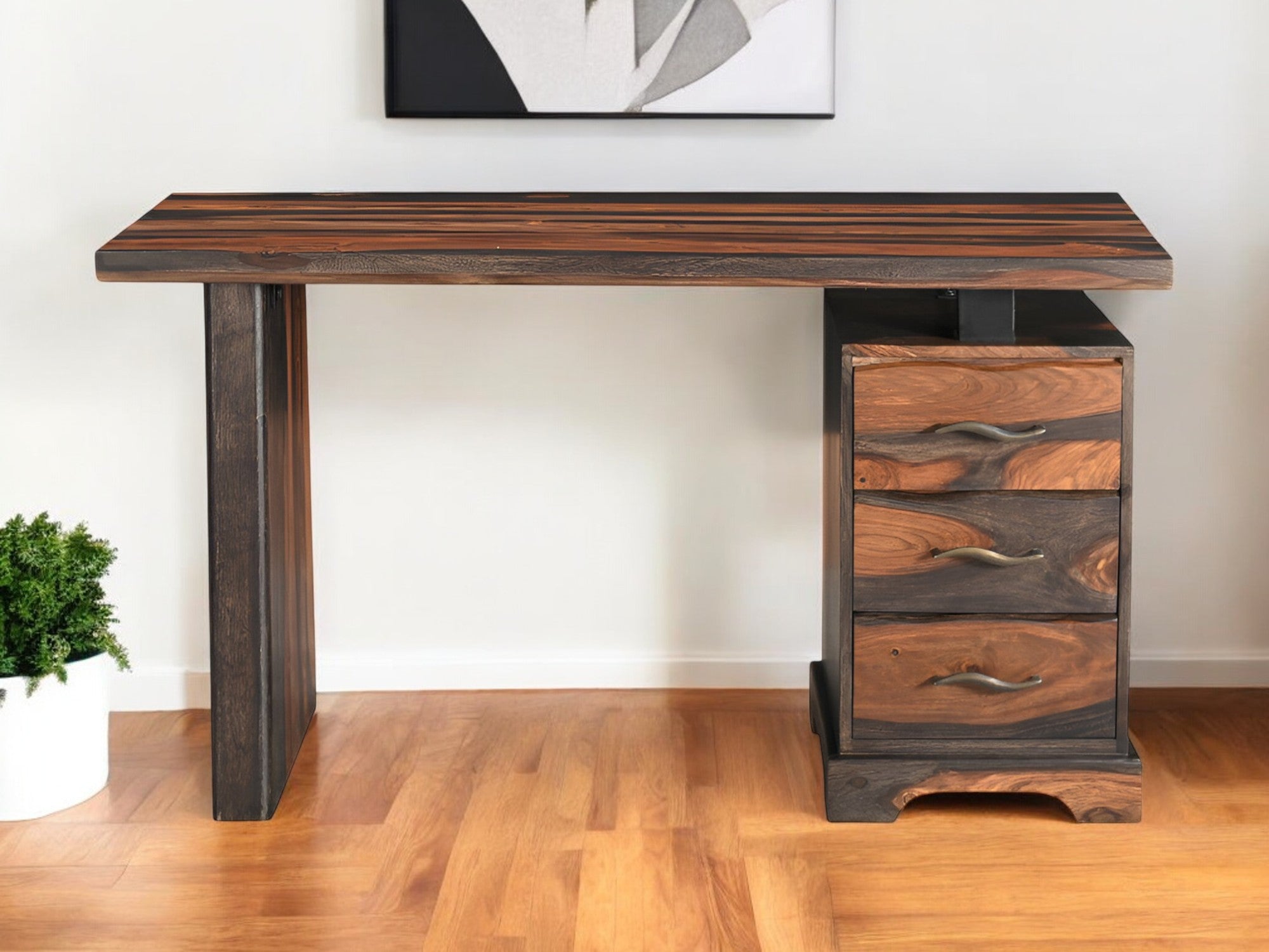 54" Dark Brown and Light Brown Solid Wood Writing Desk With Three Drawers