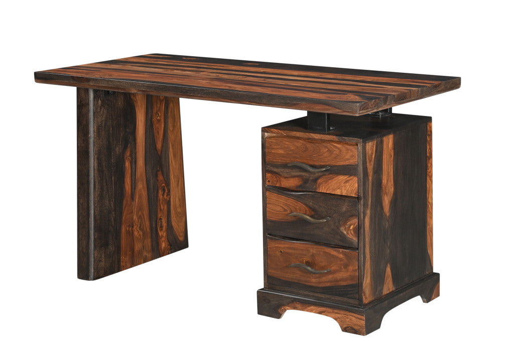 54" Dark Brown and Light Brown Solid Wood Writing Desk With Three Drawers