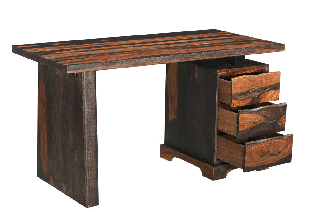 54" Dark Brown and Light Brown Solid Wood Writing Desk With Three Drawers