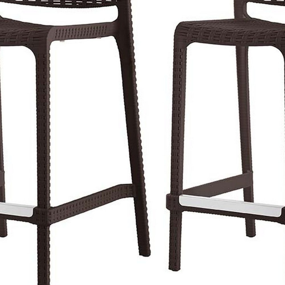 Set of Two 26" Brown Faux Rattan Low Back Outdoor Counter Height Bar Chairs
