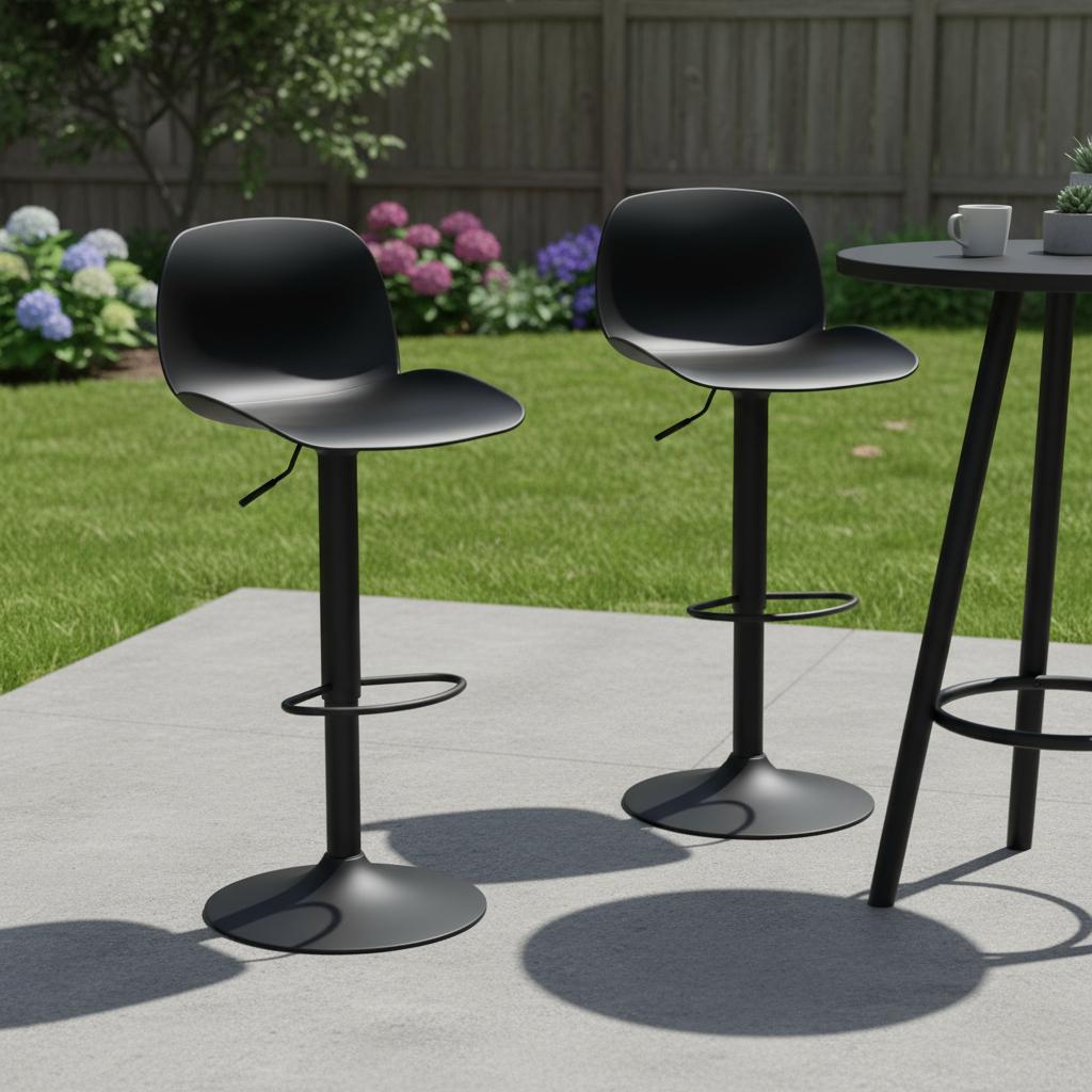 Set of Two Black Heavy Duty Plastic and Metal Low Back Adjustable Height Swivel Bar Chairs