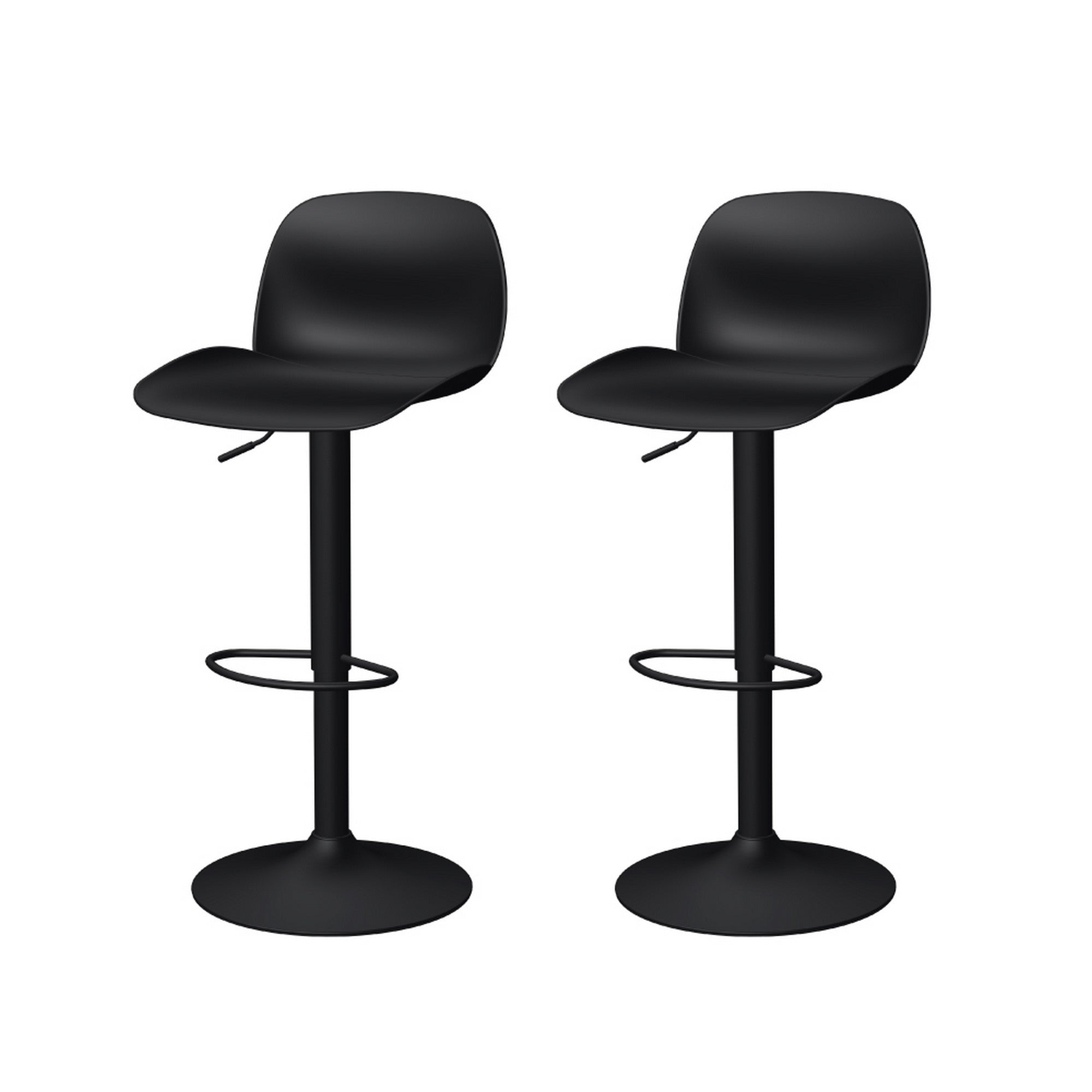 Set of Two Black Heavy Duty Plastic and Metal Low Back Adjustable Height Swivel Bar Chairs