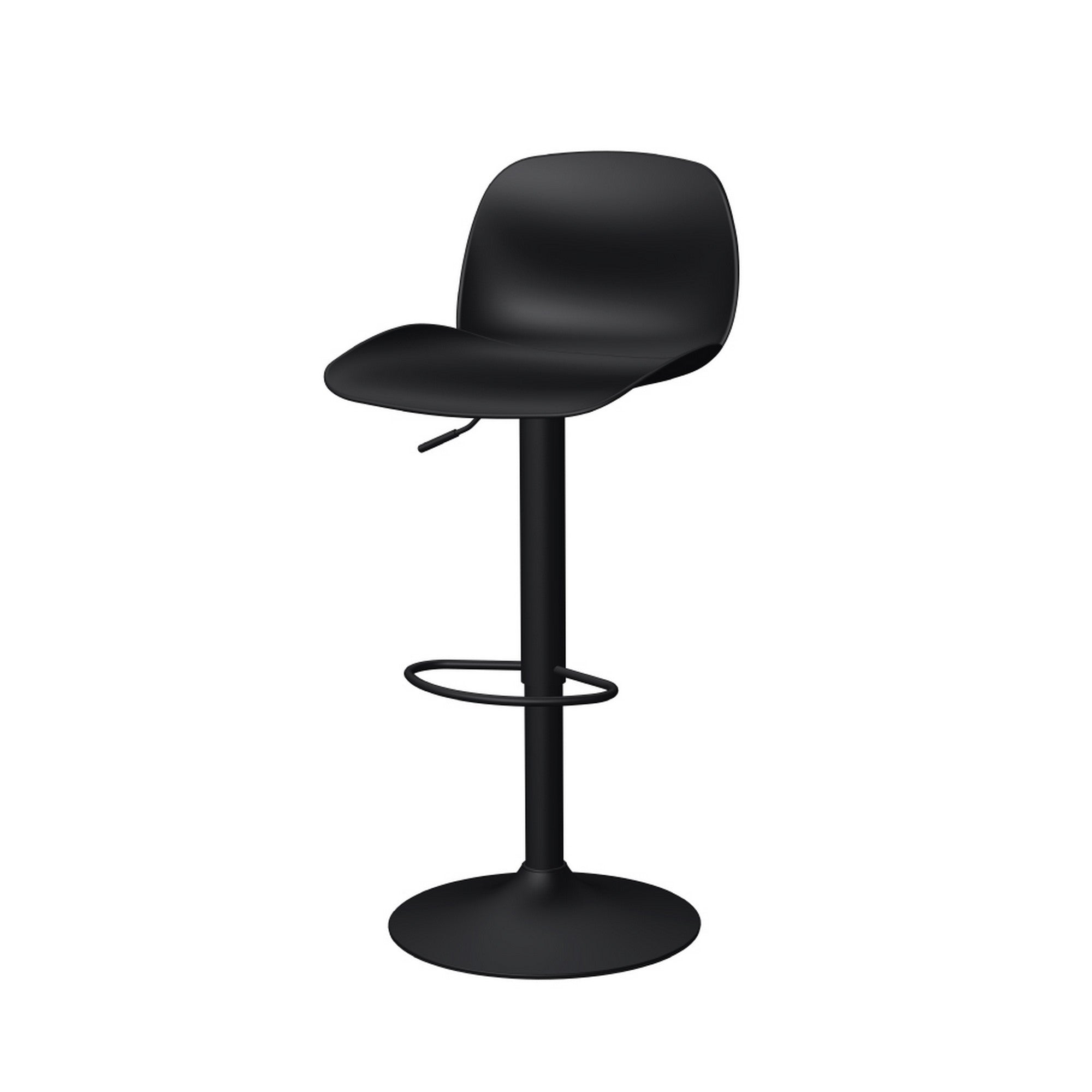 Set of Two Black Heavy Duty Plastic and Metal Low Back Adjustable Height Swivel Bar Chairs