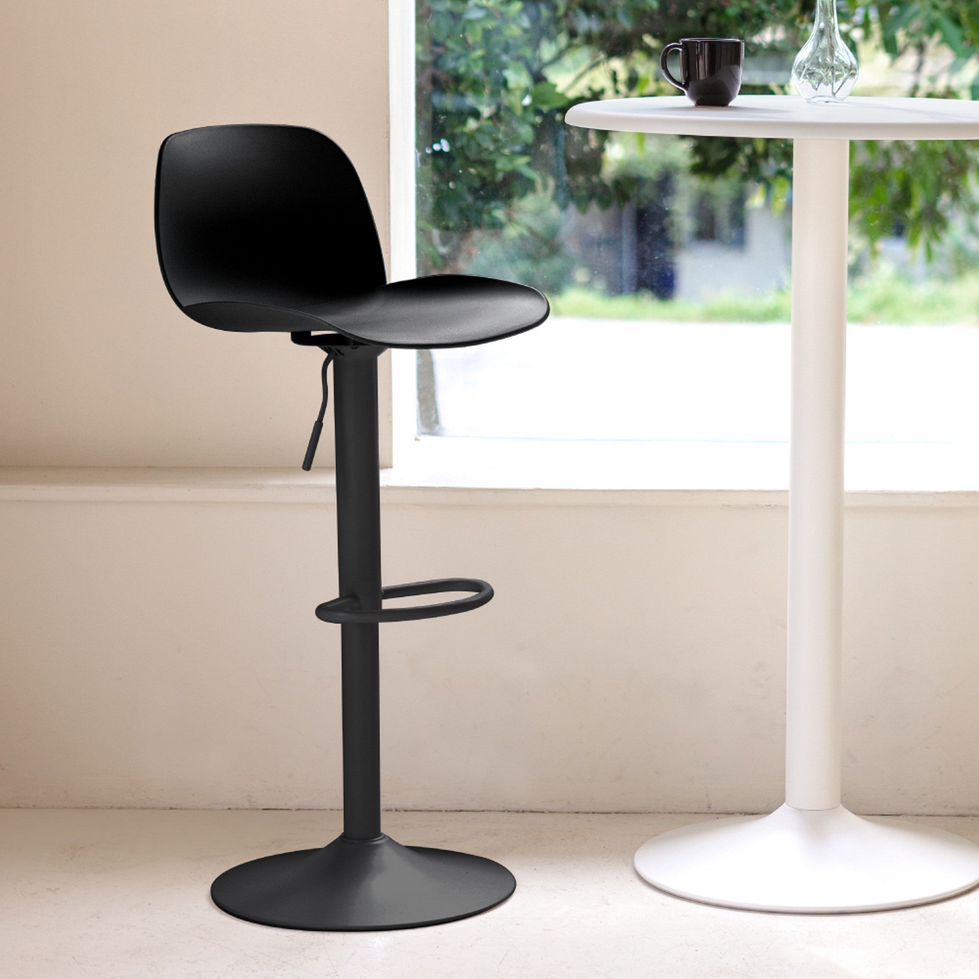 Set of Two Black Heavy Duty Plastic and Metal Low Back Adjustable Height Swivel Bar Chairs