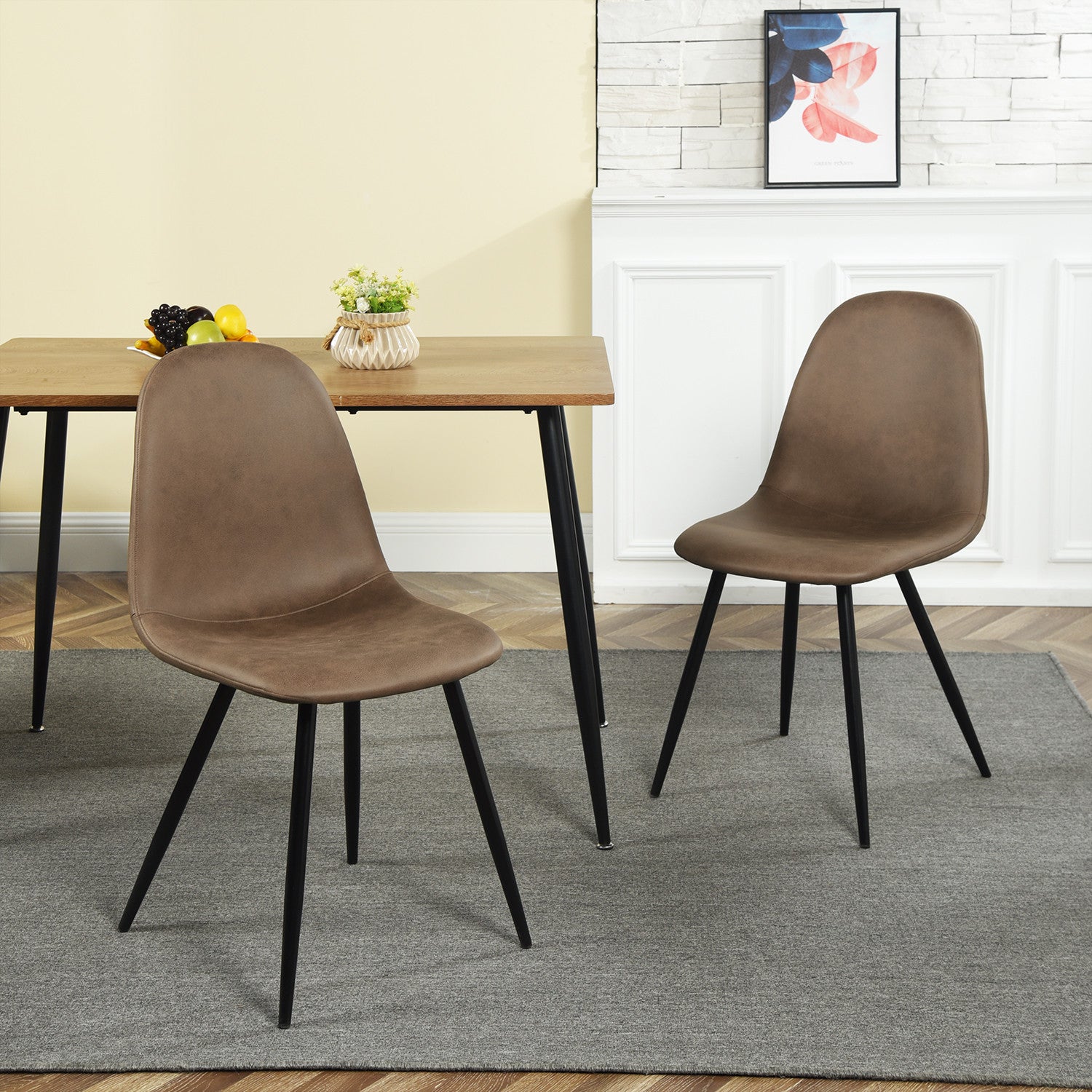 Set of Two Brown and Black Faux Leather and Metal Dining Side Chairs