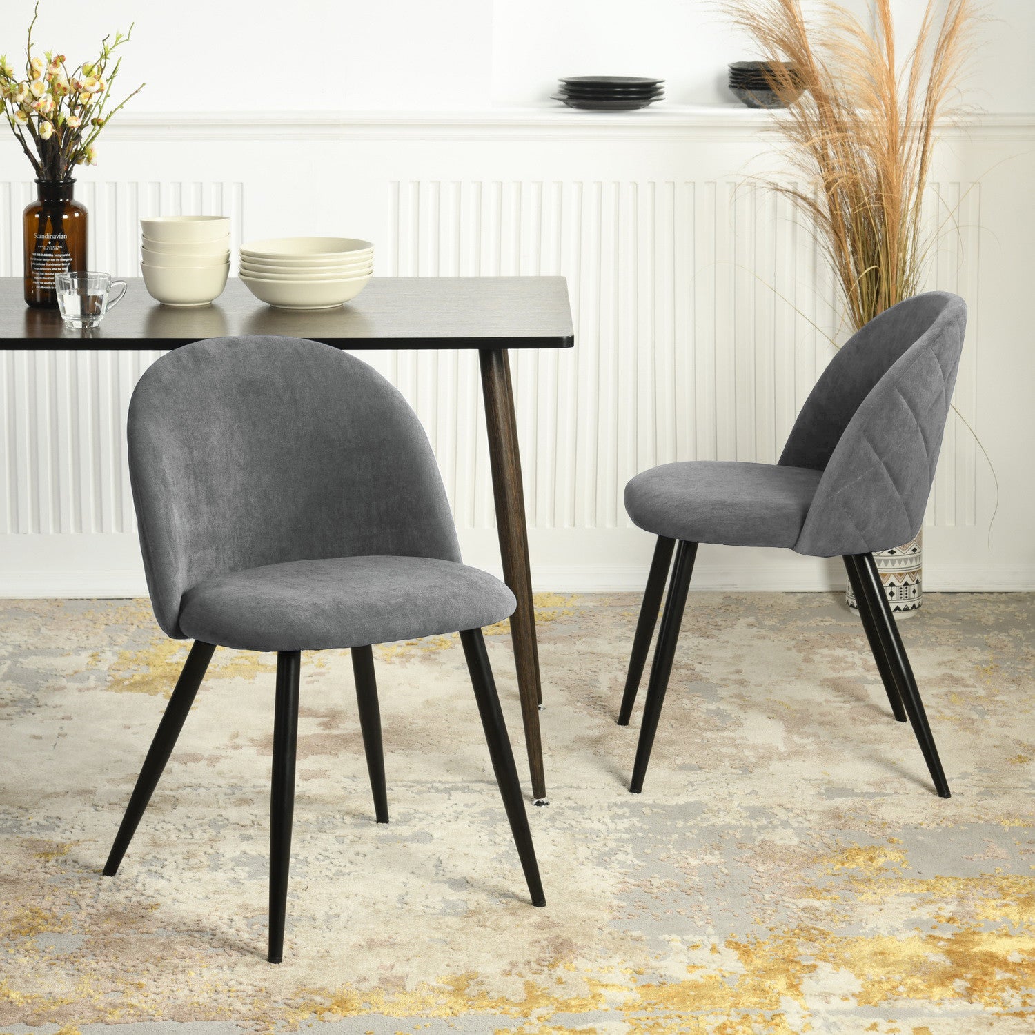 Set of Two Gray and Black Upholstered Fabric Dining Side Chairs