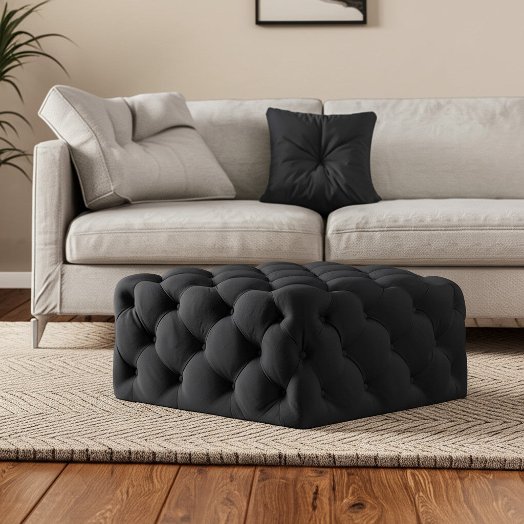33" Black Velvet Rolling Tufted Cocktail Ottoman