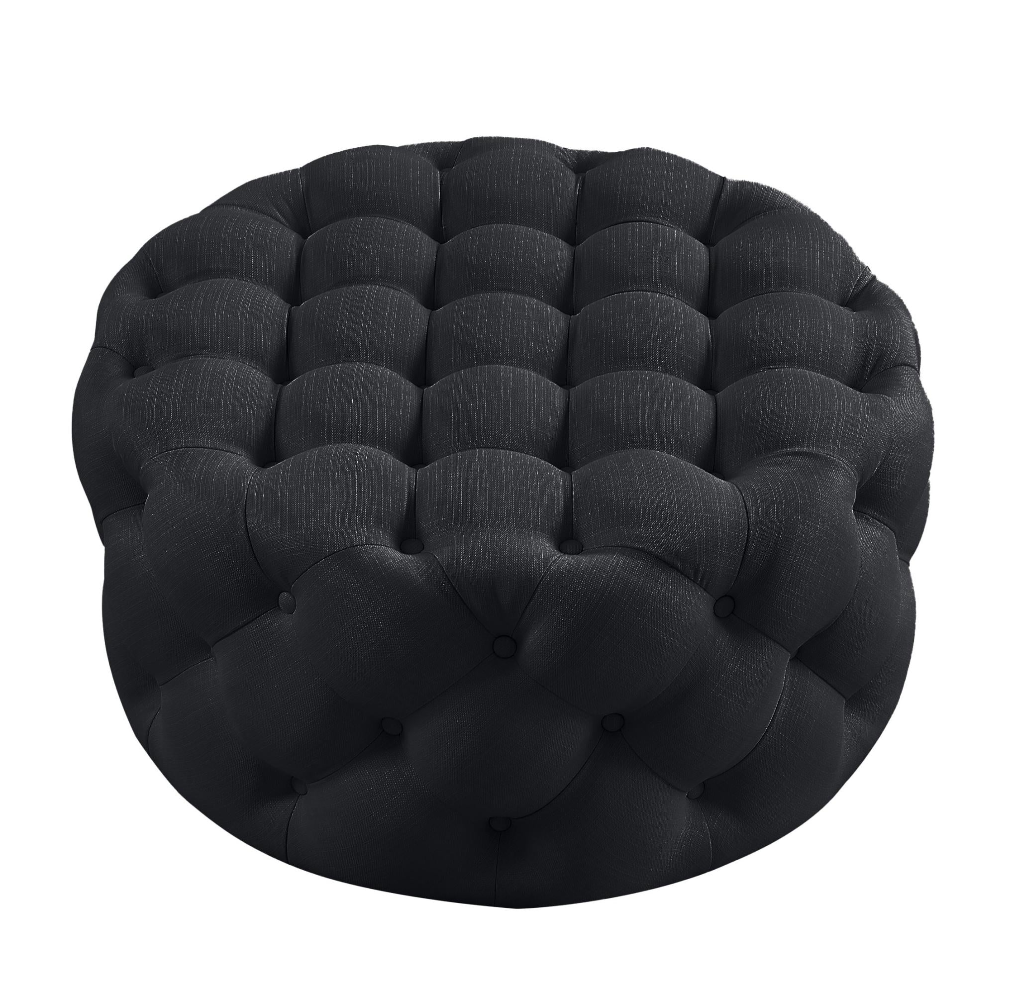 33" Black Linen Tufted Round Cocktail Ottoman