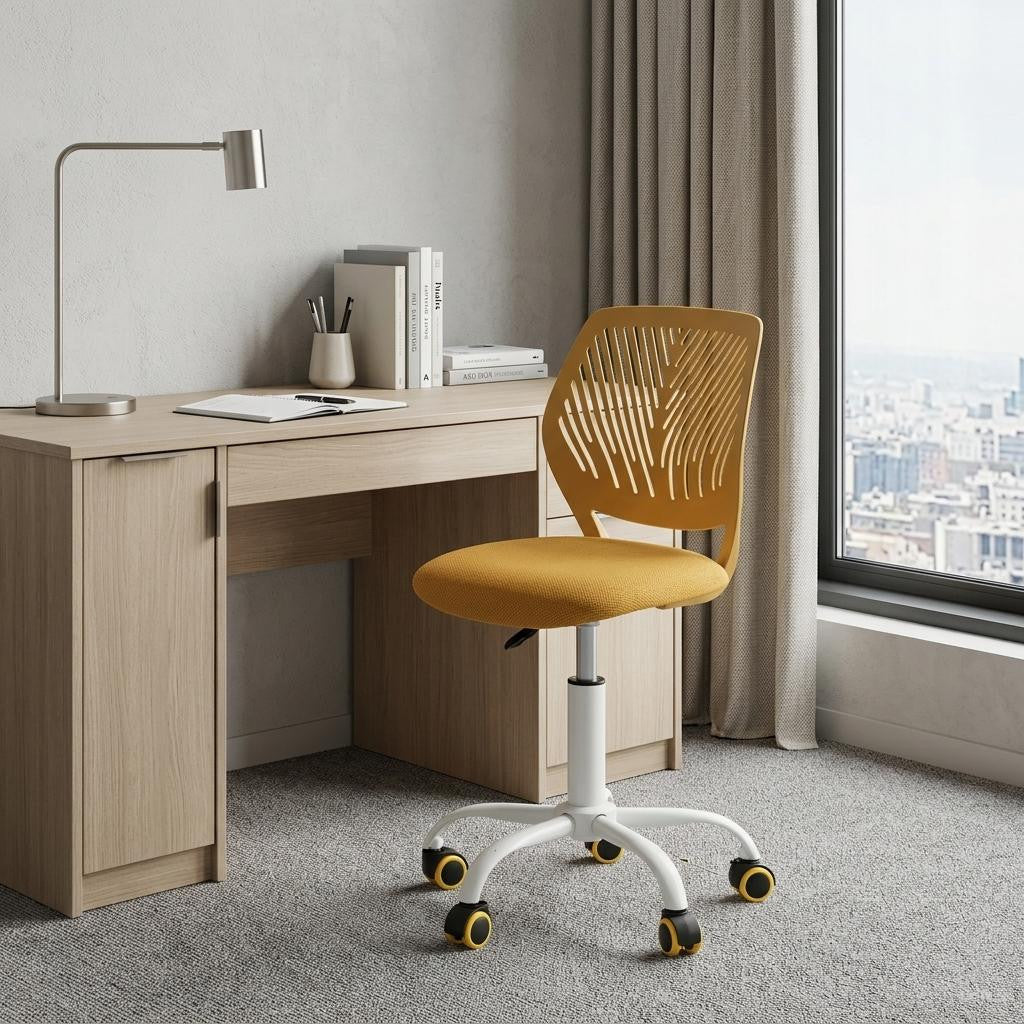 Yellow and White Adjustable Height Swivel Rolling Office Chair